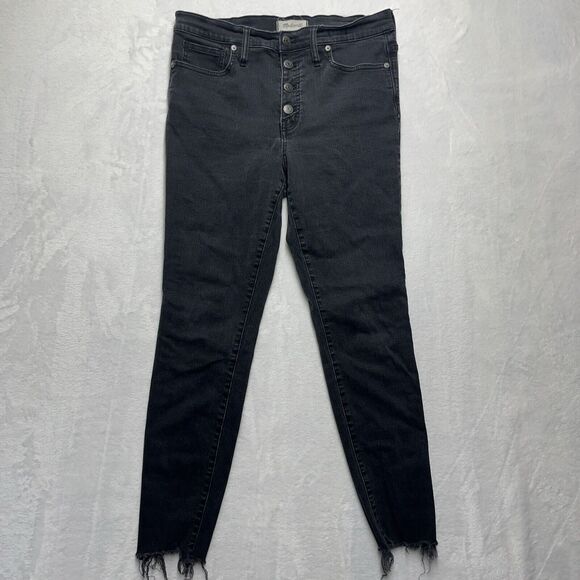 Madewell Denim - Madewell 9” Highrise Skinny Women’s Size 31‎ Raw Hem Button Fly Black Grunge